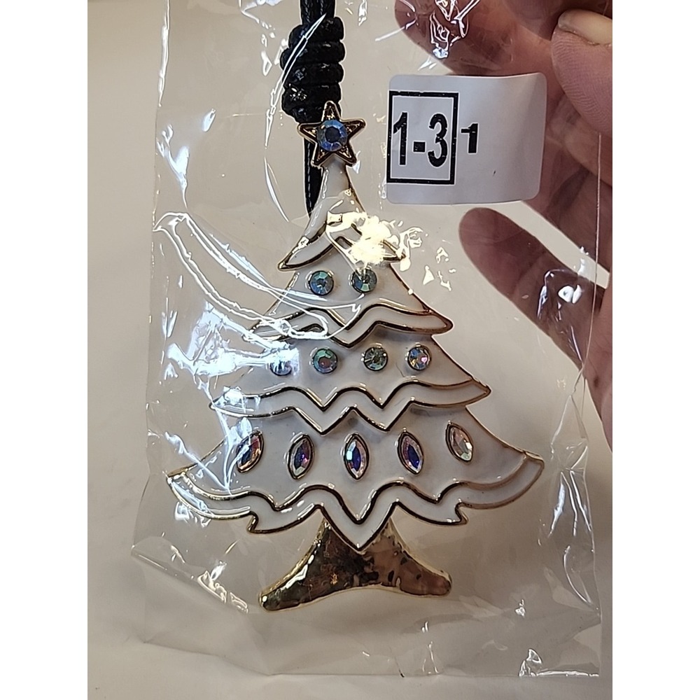 Oversized Christmas Tree Statement Necklace 4"X3" White Enamel On Goldtone Base